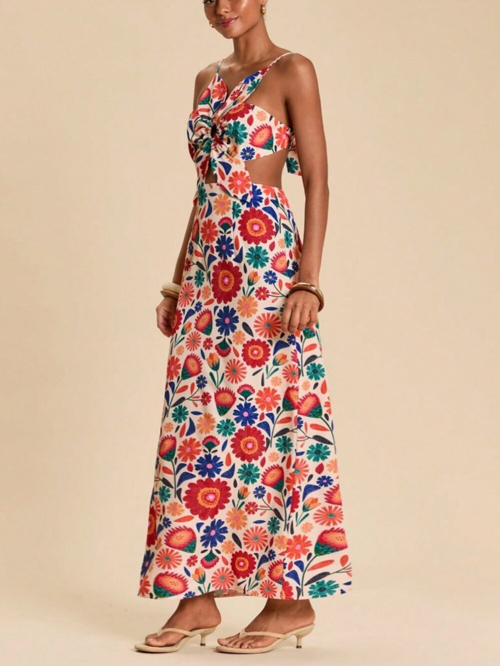 Multicolor Boho Women's Vacation Floral Backless Spaghetti Strap Dress - Picture 6 of 7
